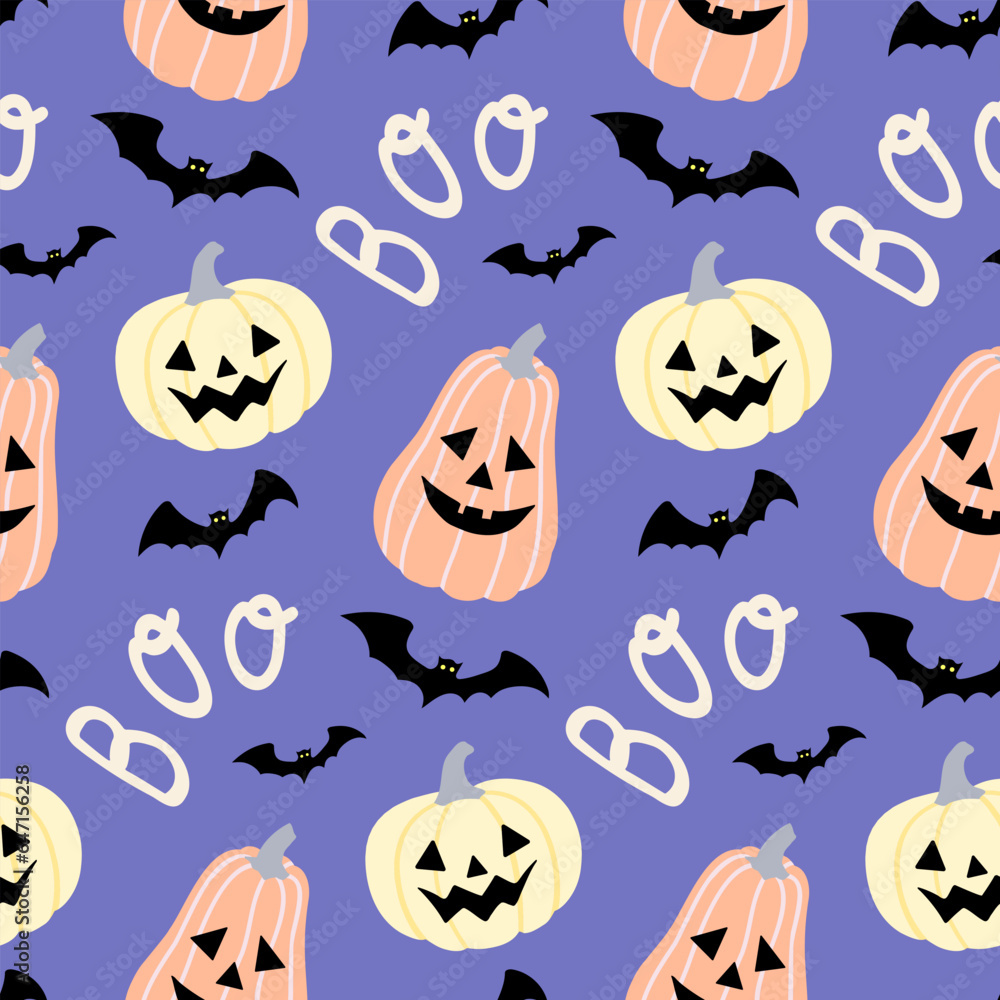 Seamless Halloween with Jack-O -Lantern pumpkins and bats on isolated background. Hand background for Halloween party decoration, scrapbooking, textile, greeting cards design, wall paper.
