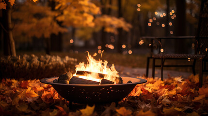 Glowing Fire Pit and Lawn Chairs.  Relaxing by the Fire Pit on a Chilly Autumn Evening.