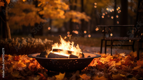 Fototapeta Naklejka Na Ścianę i Meble -  Glowing Fire Pit and Lawn Chairs.  Relaxing by the Fire Pit on a Chilly Autumn Evening.