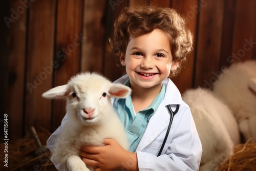 Very Happy Young Boy An Experienced Veterinarian With A Stethoscope Caring For Animals Very Happy Young Boy Joy, Optimism, Growing Up, Family, Education, Positive Thinking, Youth photo