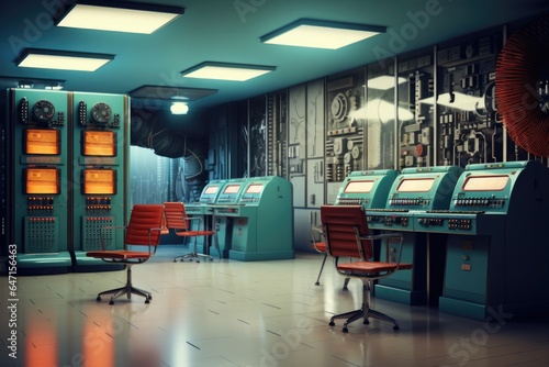 Vintage Computer Room With Mainframe Machines And Punch Card Readers photo