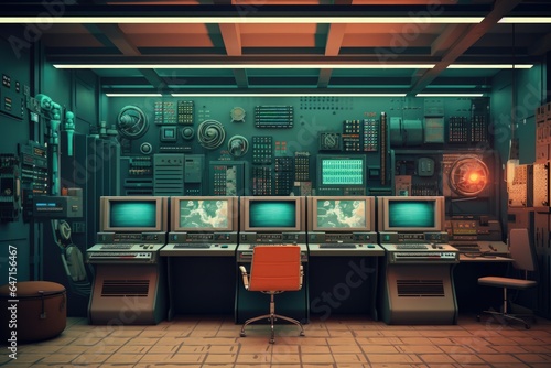 Vintage Computer Room With Mainframe Machines And Punch Card Readers