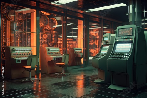 Vintage Computer Room With Mainframe Machines And Punch Card Readers photo