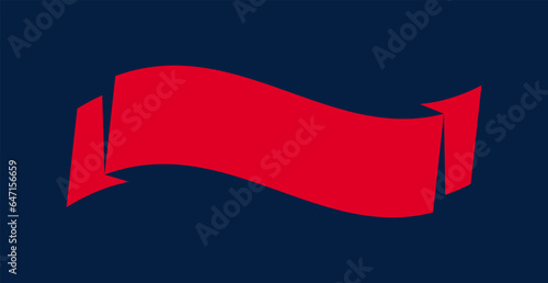 Simple red ribbon on blue background. Title banner template. Wavy strip decoration. Curved ribbon with place for text. Horizontal vintage banner with copy space. Design element. Vector illustration. 