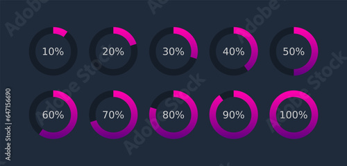 Circle progress bar. Circular loading indicator on dark blue background. Pink purple gradient. Download process status. Percentage diagram rings. Pie chart infographic template. Vector illustration.  