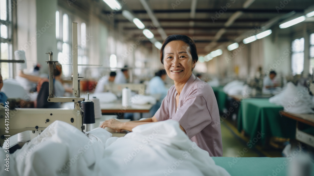Happy asian woman smiling on camera while working with sewing machine inside textile factory - Model by AI generative Happy asian woman smiling on camera while working with sewing machine inside textile factory - Model by AI generative