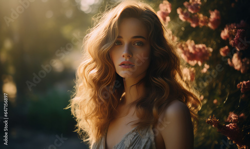 Botanical Beauty: A High-End Fashion Portrait Featuring a Stunning Young Woman Standing Amidst a Bed of Roses in the Park, Radiating Timeless Elegance