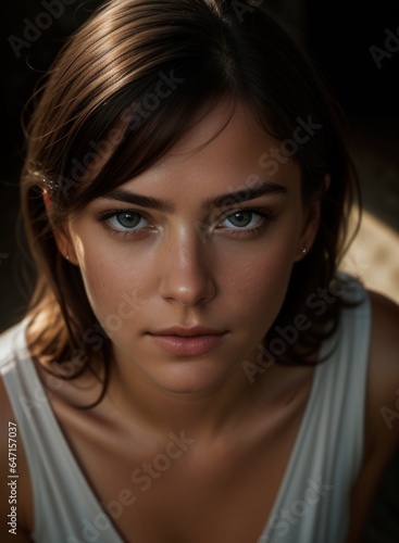 This portrait of a young woman is an excellent example of modern portraiture. She has long, dark brown hair that falls in layers around her face and shoulders.  © Cloud