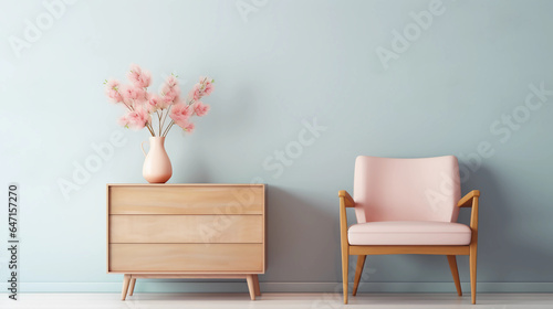 Interior of minimal living room with wooden chair, chest of drawers and vase with flowers near the wall, extremely modern and minimalistic style, Sweet home, relax, window light, Generative AI.