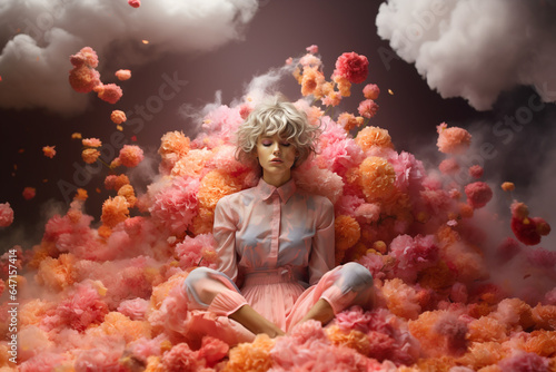 Woman sitting on a cloud of flowers, positive thinking, creative mind, self esteem and mental health concept, dreamlike and pure
