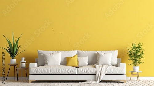 Modern minimalist living room with yellow walls and a sofa.