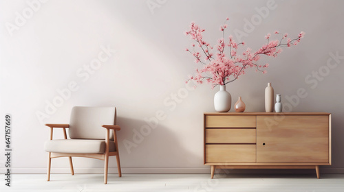 Interior of minimal living room with wooden chair, chest of drawers and vase with flowers near the wall, extremely modern and minimalistic style, pastel house, moody, window light, Generative AI. © Sunshinemeee