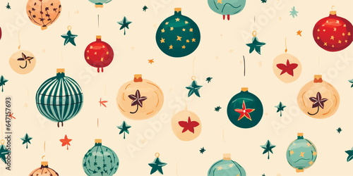 Christmas vintage seamless pattern with retro balls, vector holiday background in flat style for fabric, textile, wrapping paper, wallpaper.