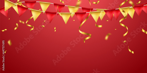 Golden confetti and zigzag ribbon falling from above streamer, tinsel vector