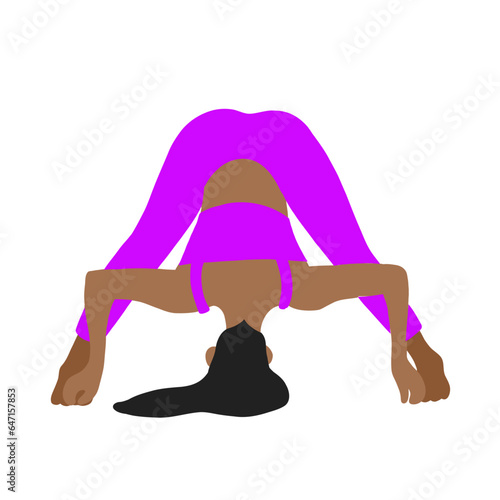 Flexibility yoga pose. African American longhair female, lady, woman, girl. Pilates, mental health, training, gym. Vector illustration in cartoon flat style isolated on white background.