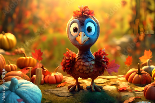 Illustration of a baby turkey among pumpkins and autumn leaves, Thanksgiving 1 © Alina
