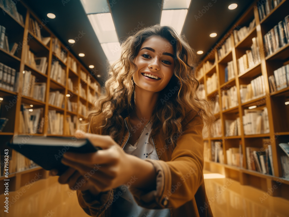 Library Exchange: Young Female Student's Selfie Perspective While Handing Over a Book - Sharing Knowledge in the University Library