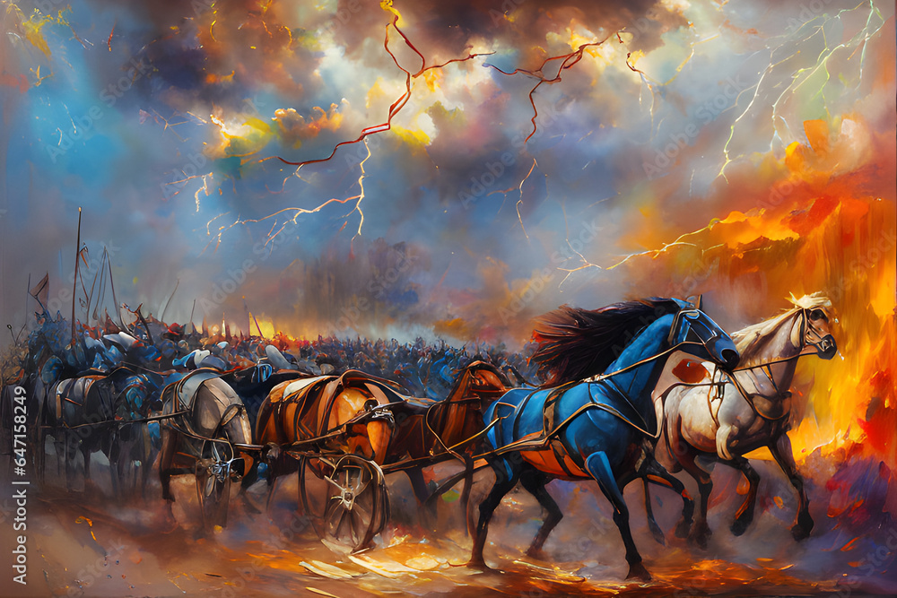 Oil painting horse and chariot battle scene from the Roman period. oil ...