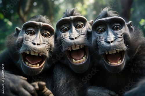 Chimpanzee family in the natural habitat: Funny monkeys making selfies, ai generative