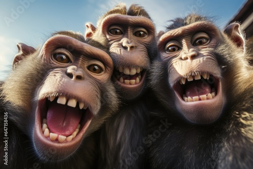  Group of monkeys on a sunny day. Funny monkeys making selfies, ai generative