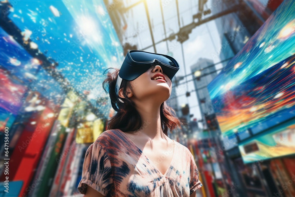 カラフルな世界でVRを楽しむ日本人の女性(VR・アバター・VRゲーム) カラフルな世界でVRを楽しむ日本人の女性(VR・アバター・VRゲーム)