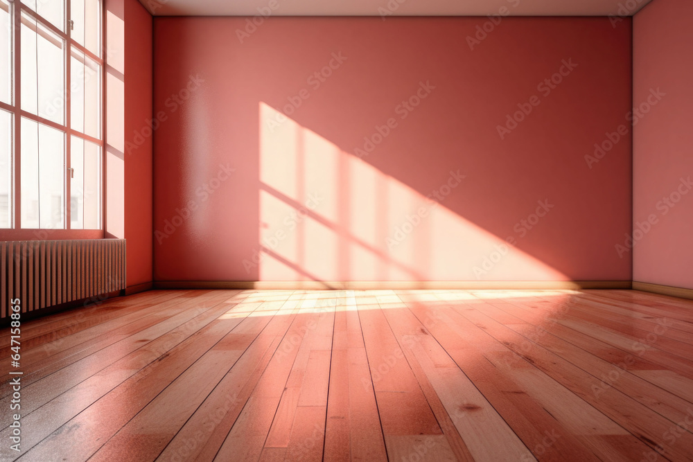 Living room with sunlight shine through a sliding door, wooden floor, red wall. Generative AI Living room with sunlight shine through a sliding door, wooden floor, red wall. Generative AI