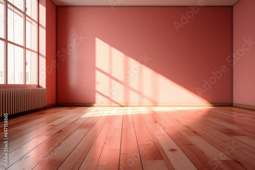 Living room with sunlight shine through a sliding door, wooden floor, red wall. Generative AI
