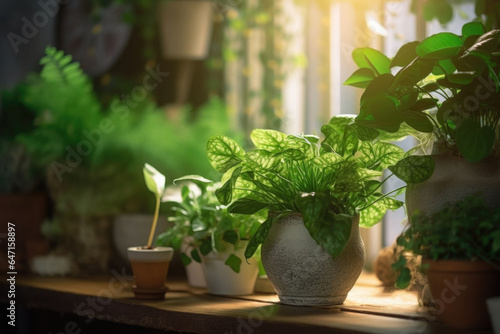 Stylish composition of home garden interior filled a lot of plants. Home jungle. Generative AI