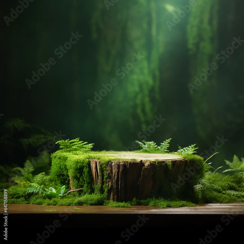 Wooden podium tabletop blurs the green backdrop  Green moss thrives on the aged log stage  green podium for nature product display  organic product showcase  studio lighting  Generative AI.