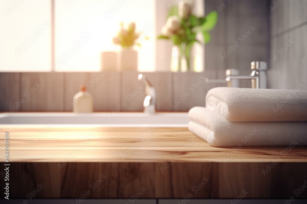 Wooden tabletop with blurred bathroom background. Modern bathroom interior selective focus. Generative AI