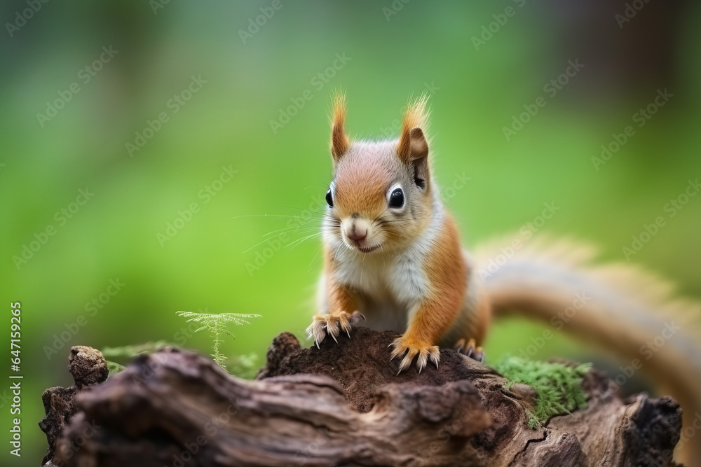 A cute little american red squirrel (Tamiasciurus hudsonicus) sitting on a tree stump, eating seeds A cute little american red squirrel (Tamiasciurus hudsonicus) sitting on a tree stump, eating seeds