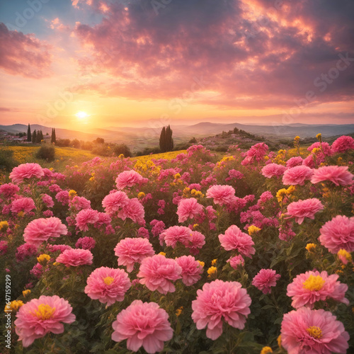 flowers at sunset, pink flowers and mountains in silhouette