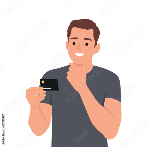 Young man thinking about using black credit card. He is holding credit card on his hand while thinking. Flat vector illustration isolated on white background