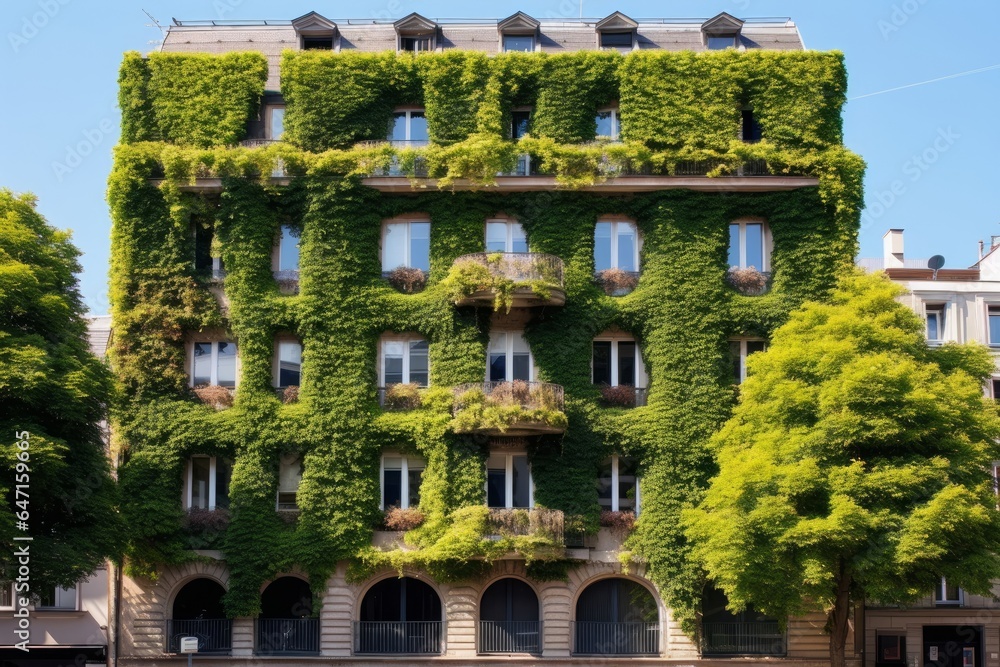 Facade of a building covered with ivy. Plants growing on the facade. Ecology and green living in city, urban environment, sustainable living concept. Vertical, Generative AI