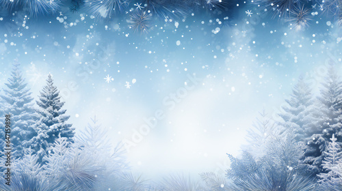 Winter Panoramic Background. Snowy Fir Branches and Falling Snowflakes