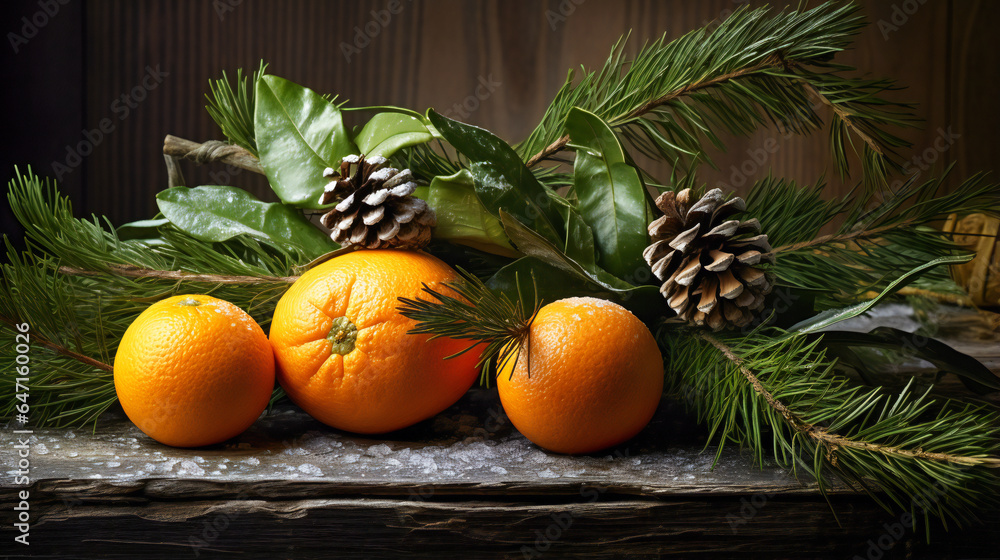 Winter Wonderland with Pine Branch and Tangerines Winter Wonderland with Pine Branch and Tangerines