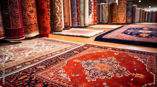 various oriental rugs and carpets stacked. AI Generated © EwaStudio