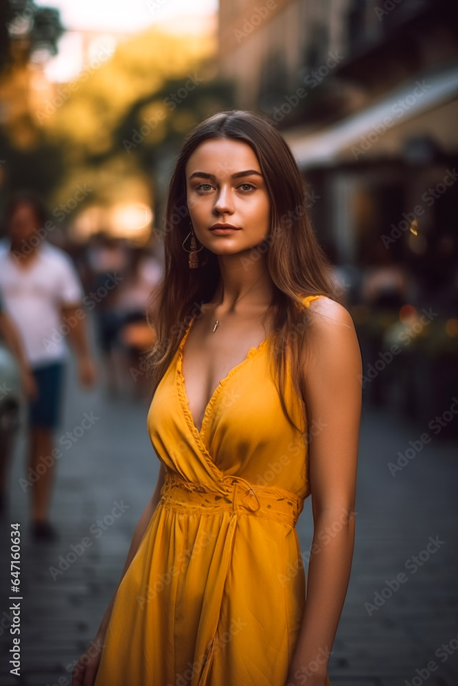 young beautiful caucasian woman in yellow dress walking in city center. AI Generated young beautiful caucasian woman in yellow dress walking in city center. AI Generated