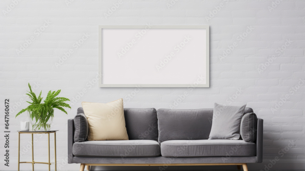 Poster above white cabinet with plant next to grey sofa in simple living room interior. Real photo Poster above white cabinet with plant next to grey sofa in simple living room interior. Real photo