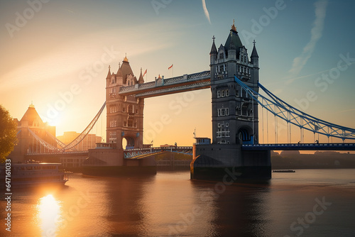 A dawn  sunrise silhouette of Tower Bridge in London  crossing over the River Thames  on a warm  clear spring morning