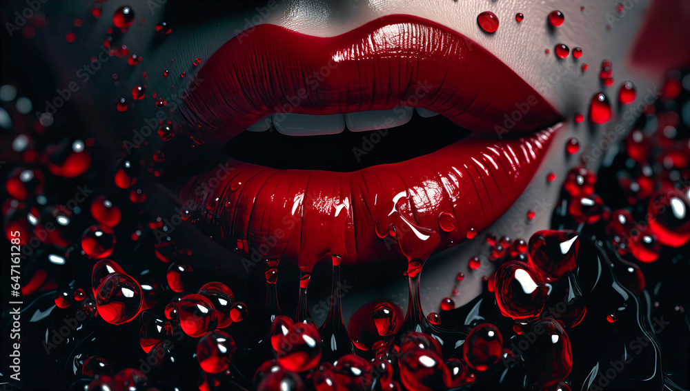 Close Up Lips Splashed with Blood, Creating an Eerie Artistic Impression Close Up Lips Splashed with Blood, Creating an Eerie Artistic Impression