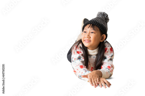 Fotografija Portrait of attractive cheerful Asian little girl thinking looking lie down on f