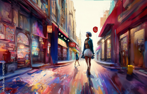 Illustration of young black woman in trendy clothes walking in a shopping street of a Paris, Prague, Vienna, London, New York style city with retro and vintage style shops.