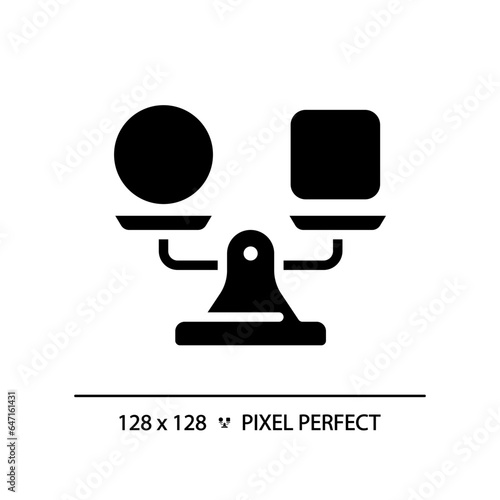 2D pixel perfect silhouette circle and square shape on weight scale icon, isolated vector, glyph style black illustration representing comparisons