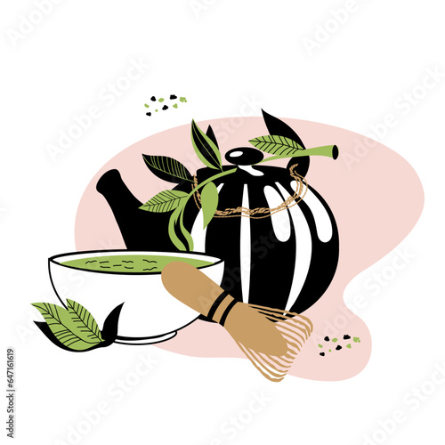 Matcha green tea leaves drink emblem or label design hand drawn vector illustration isolated on white background. Tools and utensils for brewing matcha tea.