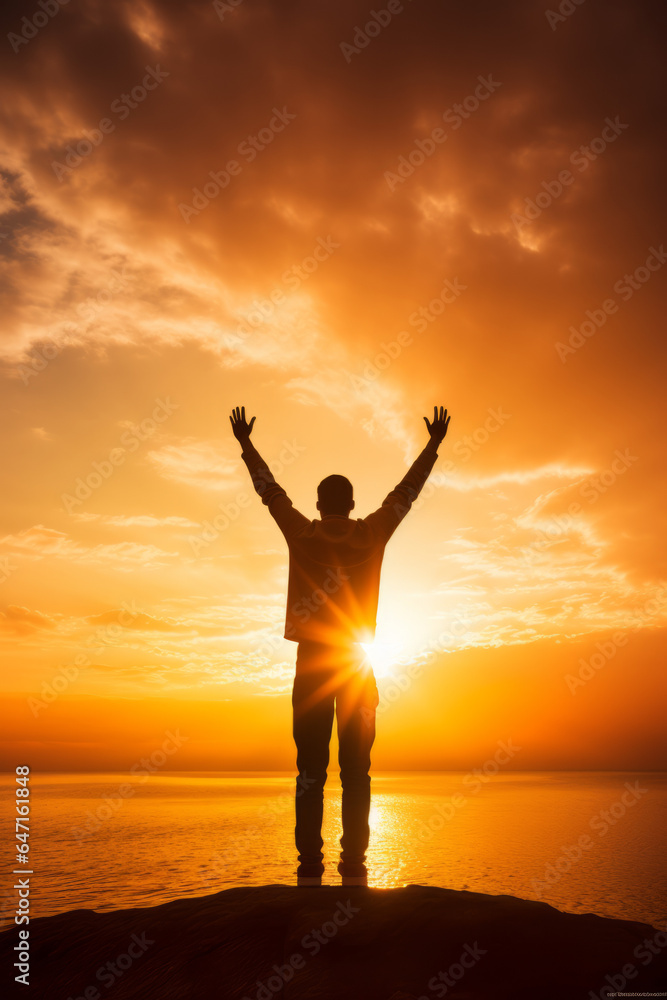 Man raising arms to golden sunset, greeting sun