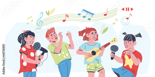 Banner with children singing a song, flat vector illustration isolated on white background. Kids music lessons and karaoke banner. Vocal talents show and chorus.