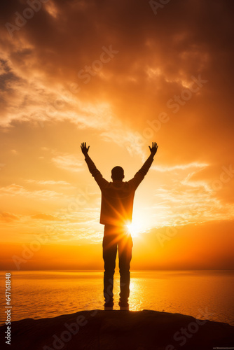 Man raising arms to golden sunset, greeting sun
