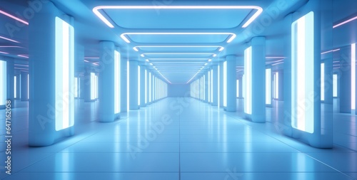 3D Rendering: An artistic representation of a dimly lit room bathed in the vibrant glow of neon laser lights within a futuristic sci-fi tunnel.