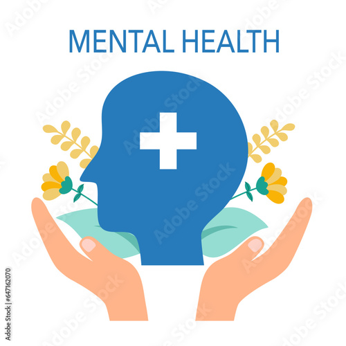 Silhouette of human head with medical cross and flowers. Mental health concept vector illustration. Psychological therapy and treatment. World mental health day.